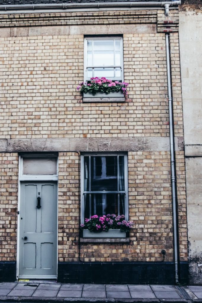 Terraced house with window boxes containing purple flowers. 