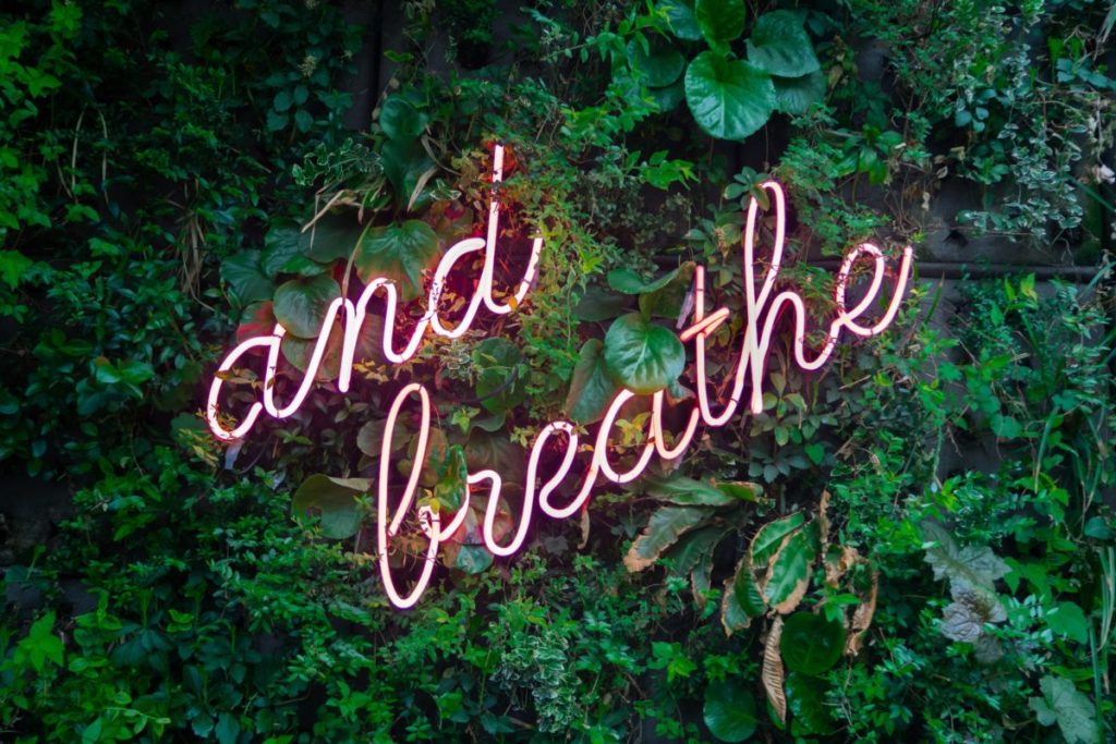 Neon sign saying "and breathe"