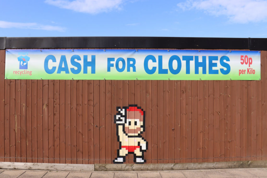 Mario from the Super Mario Bros game franchise adorning a clothing bank