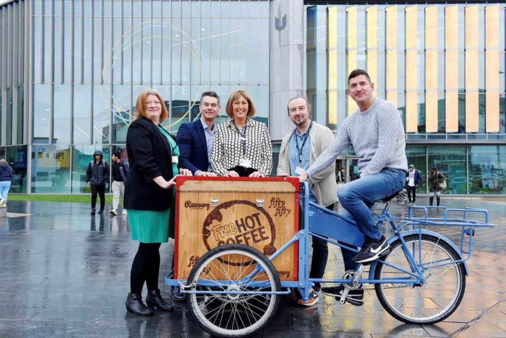 The free hot coffee bike pictured outside the Student Life Building with colleagues from Teesside University and Recovery Connections.