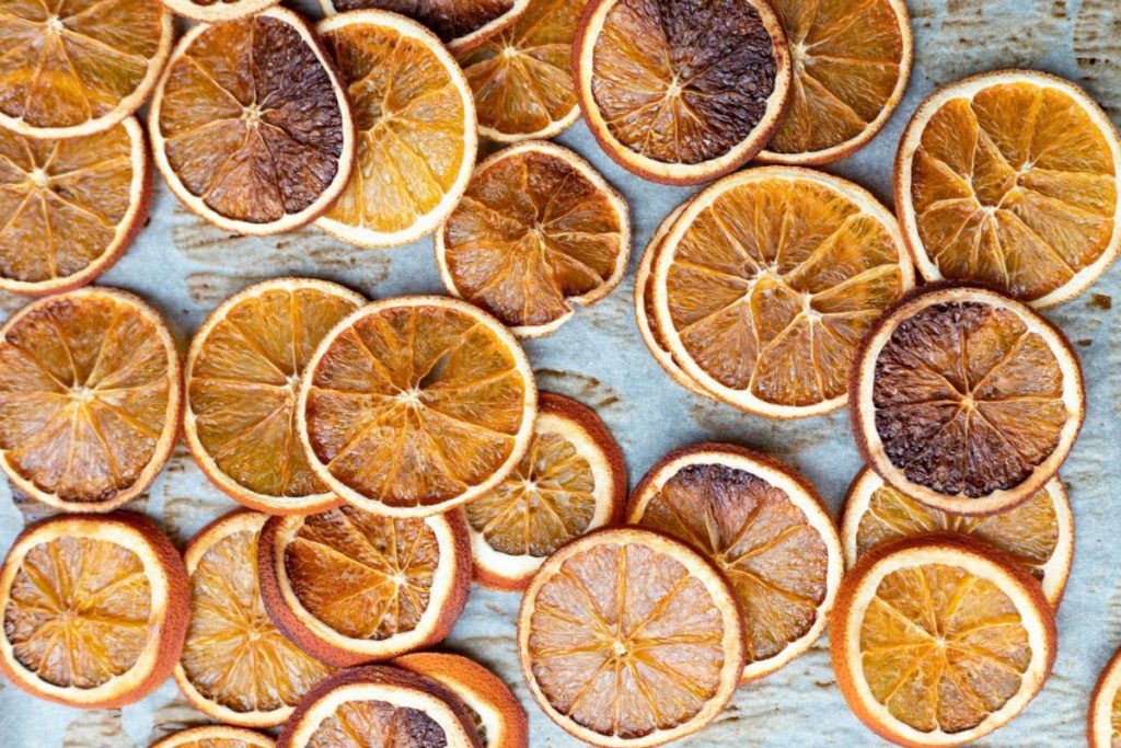 Dried orange slices on a worktop